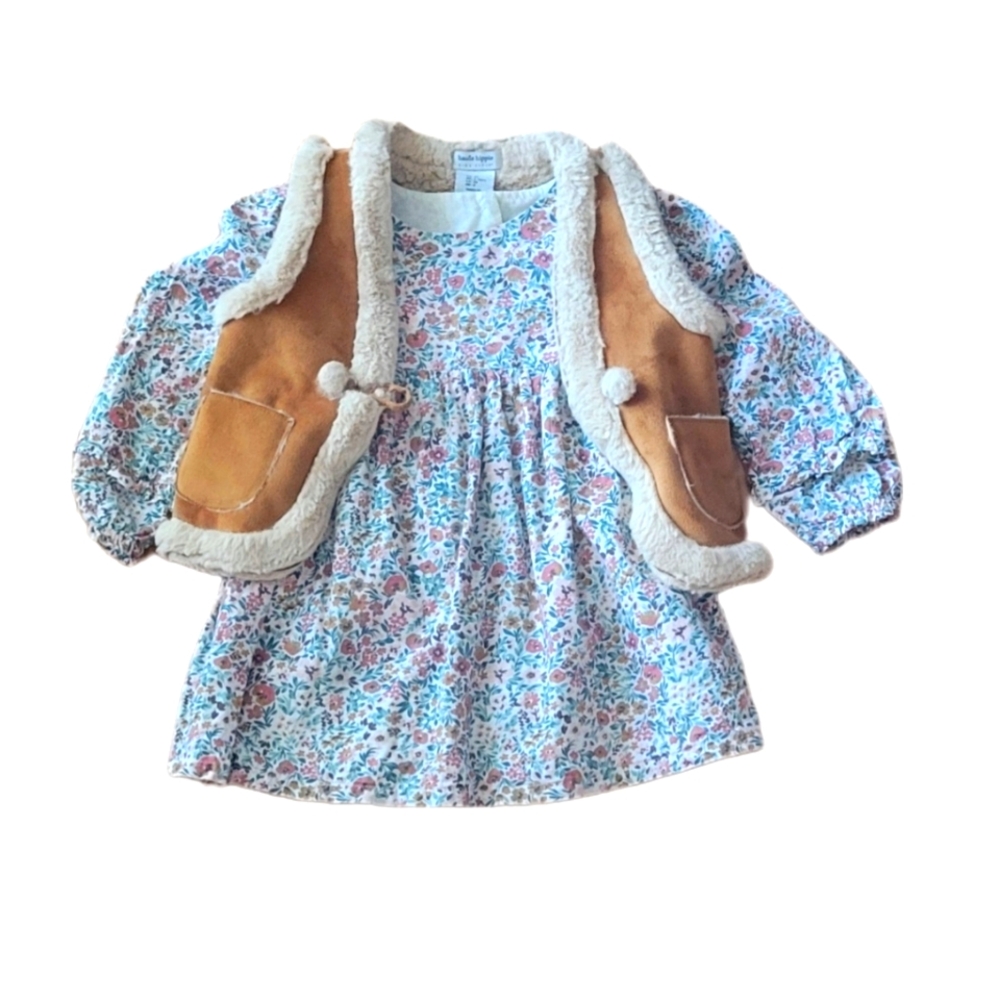 Haute Hippie Floral Dress with Faux Fur Vest